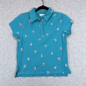 Columbia PFG Polo Shirt Women M Teal Tropical Drinks Resort Coastal Fishing